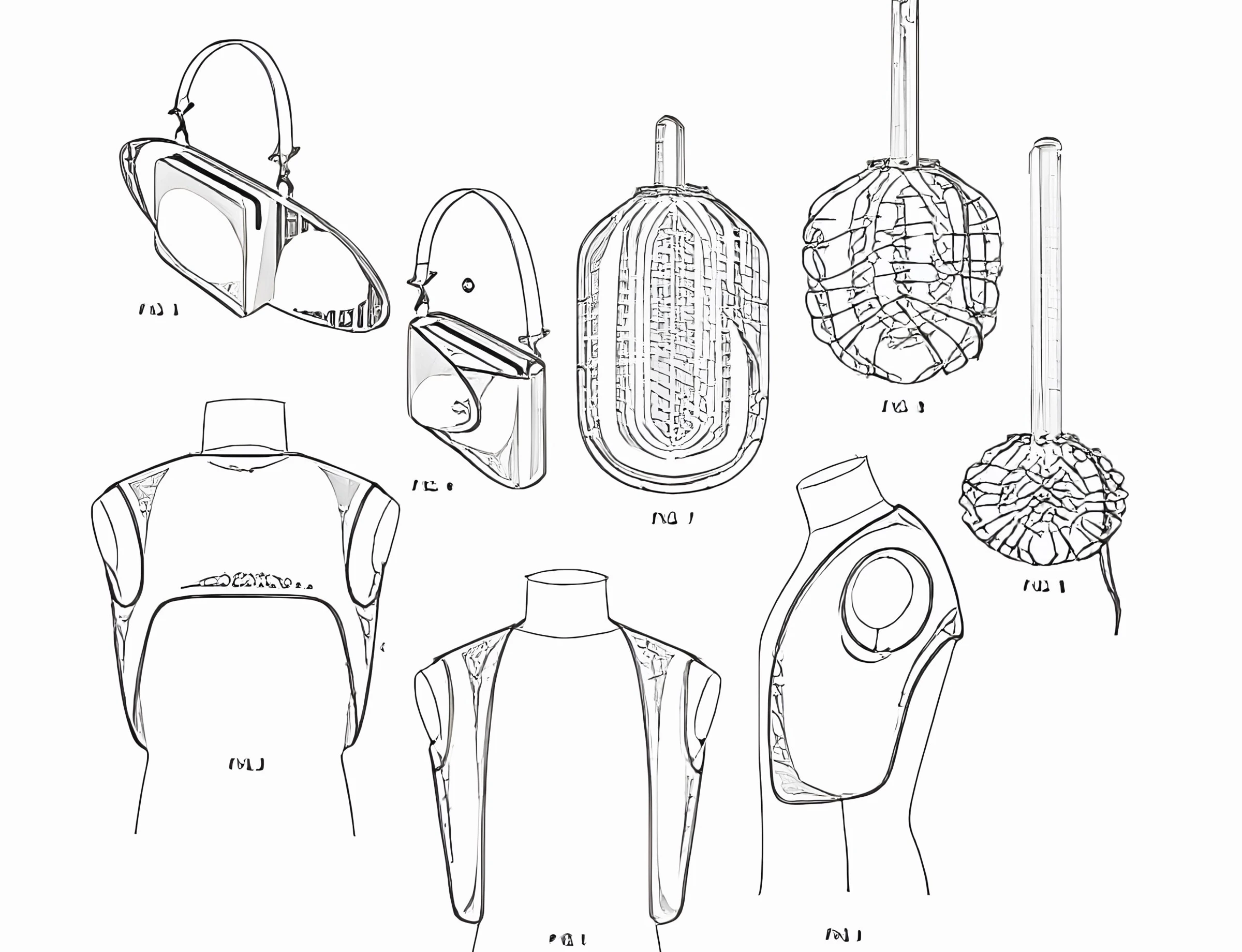 The idea on paper: original Bagology patent and design drawings of bags, gathered forms, and wearable concepts